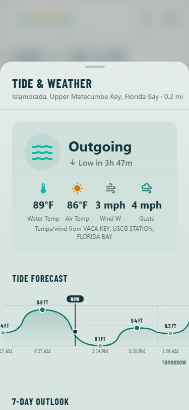 FishPilot tide and weather timeline for Islamorada