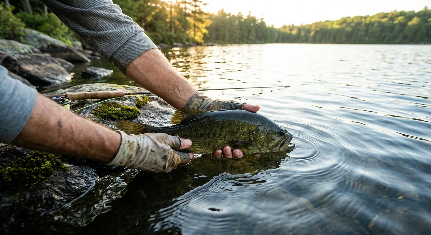 Catch and release technique - angler carefully releasing bass into water