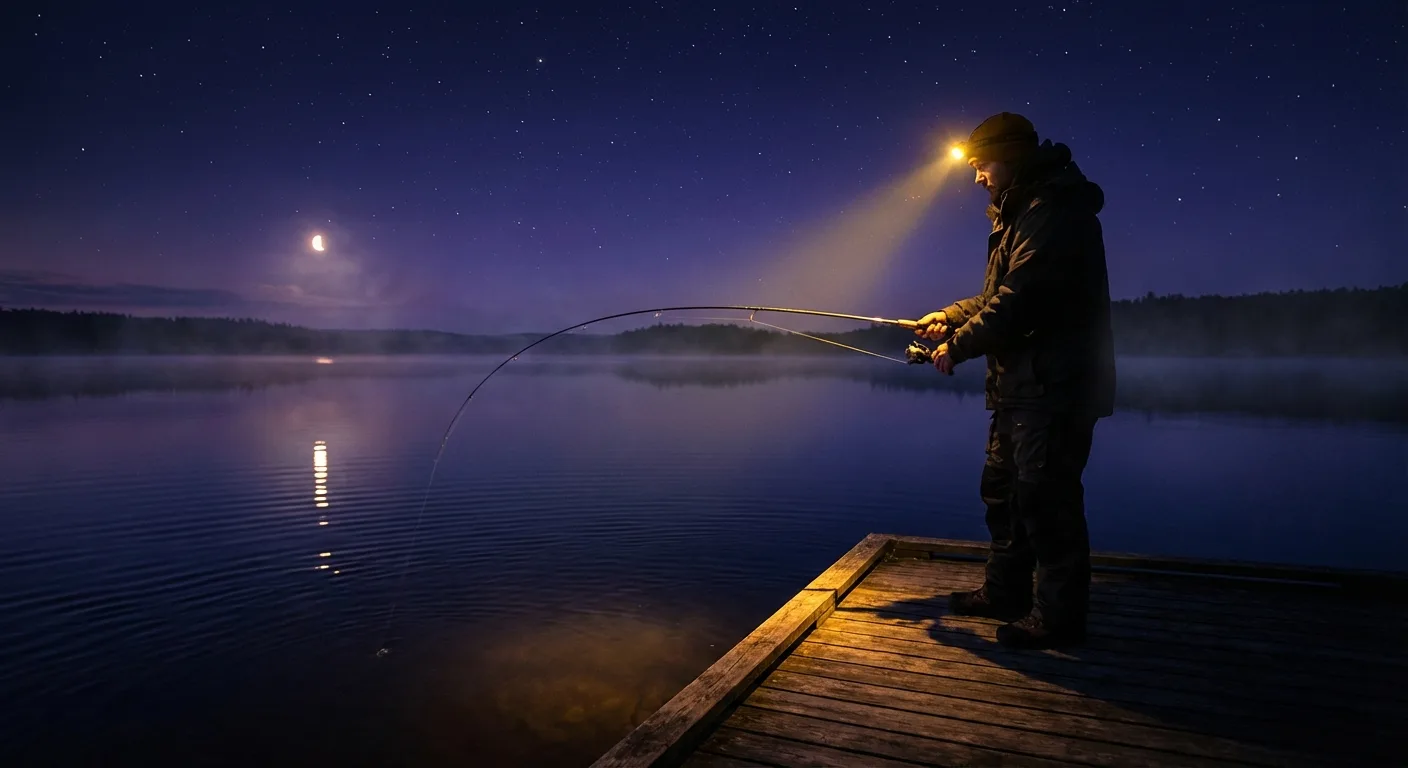 Night fishing scene - angler with headlamp under starry sky on water