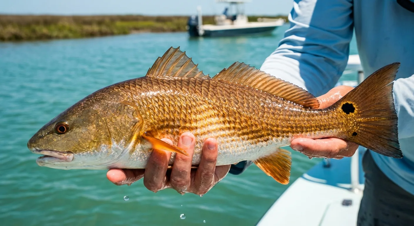 Red drum redfish with copper coloration and characteristic tail spot
