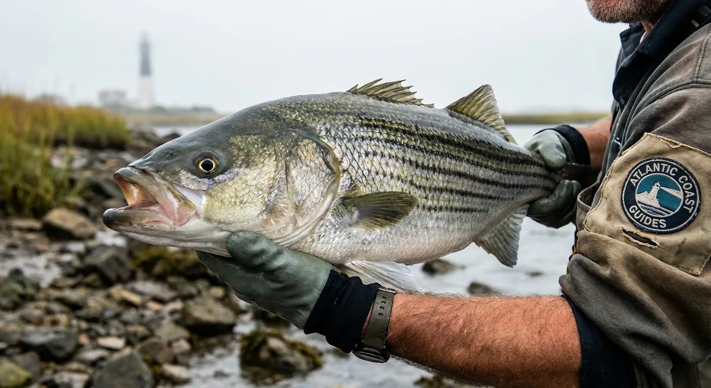 Striped bass showing distinctive horizontal stripes and silver body
