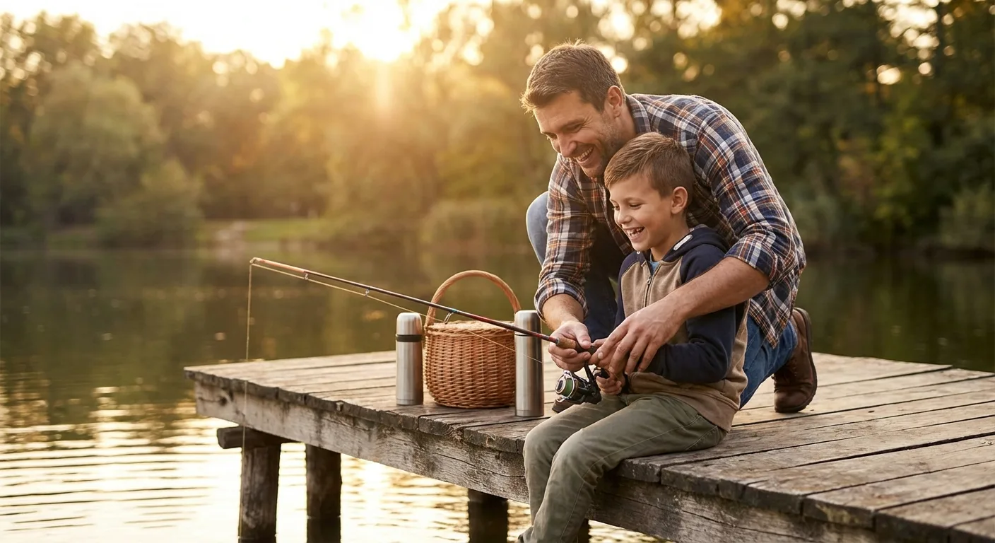 Parent teaching child to fish - family fishing at sunset on dock